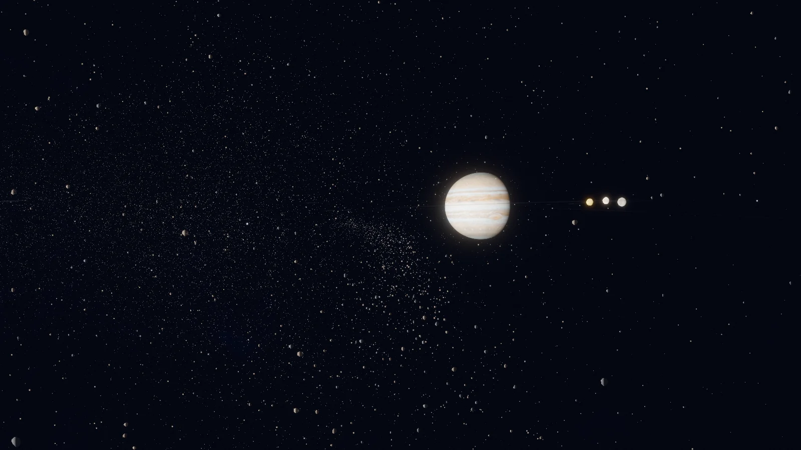 Jupiter and two of its moons far ahead, beyond a field of asteroids: a few close enough to show as small rocks, most only specks of light.