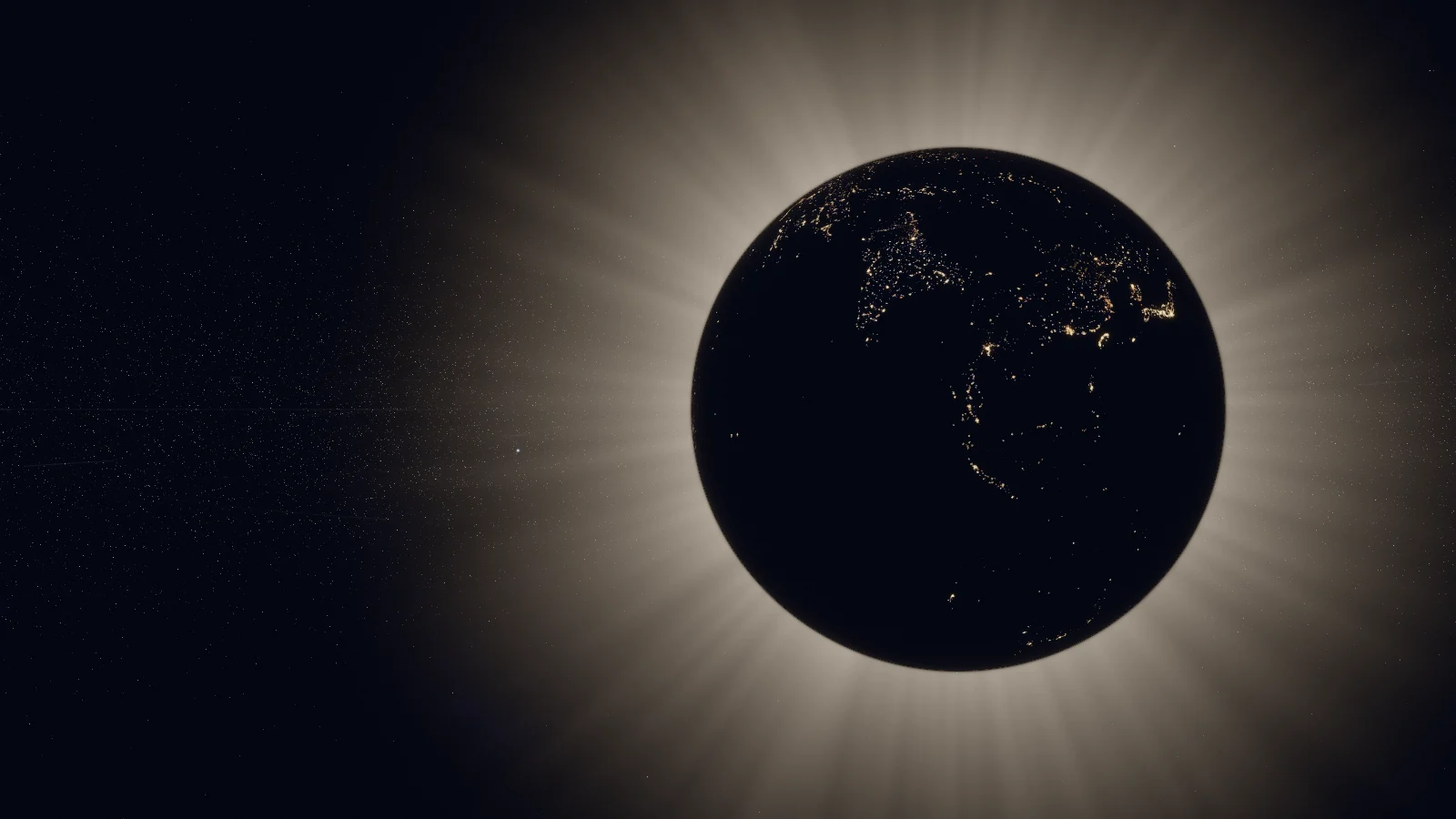 Earth eclipsing the Sun: its night side, a black disc scattered with city lights, ringed by the Sun’s pale corona.