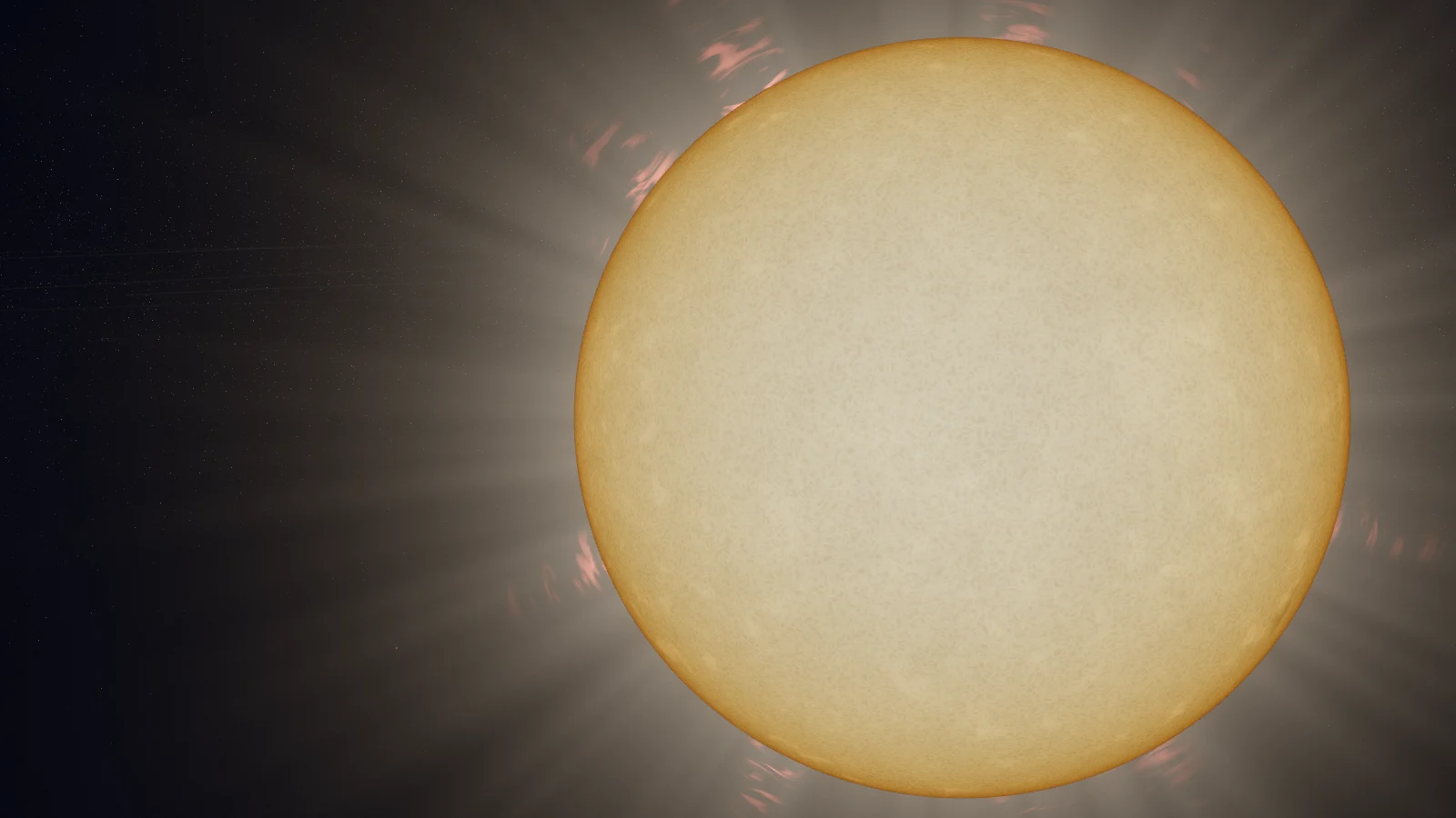 The Sun fills the right of the frame: a golden disc, white-hot at its centre and deepening to orange at its rim, with a finely mottled surface, faint red prominences at its edge and a soft glow around it.